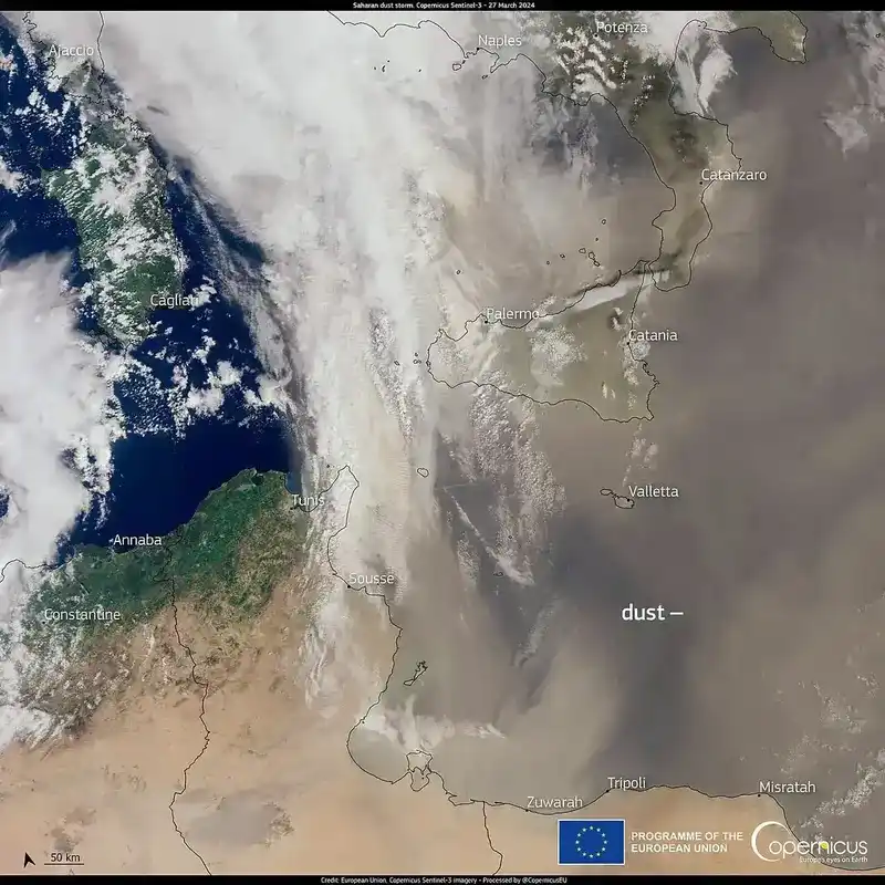 Αμμοθύελλα Σαχάρας πάνω από τη Μεσόγειο - δορυφορική εικόνα Copernicus