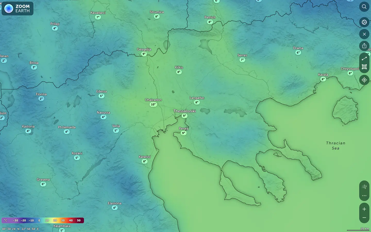 Χάρτης θερμοκρασίας Θεσσαλονίκη καιρός