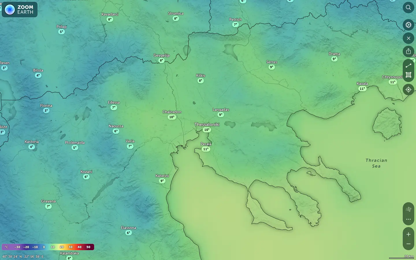 Χάρτης θερμοκρασίας Θεσσαλονίκη καιρός